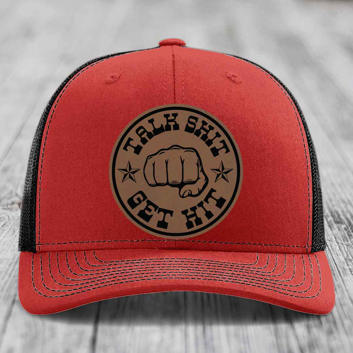 Talk Shit, Get Hit - Leather Patch Hat - Dark Brown to Black Patch - Richardson 112 Snapback Trucker Hat