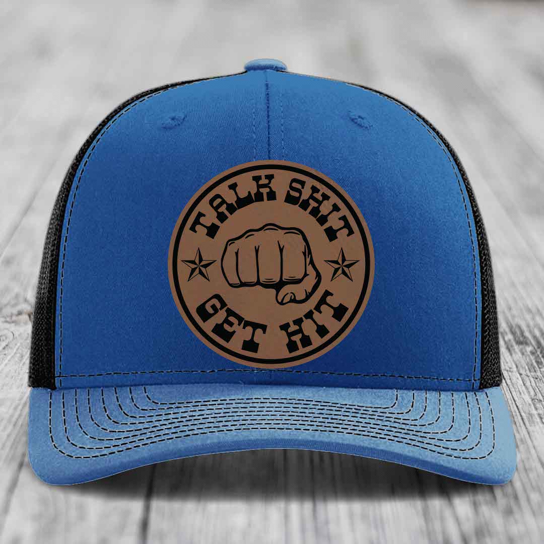Talk Shit, Get Hit - Leather Patch Hat - Dark Brown to Black Patch - Richardson 112 Snapback Trucker Hat
