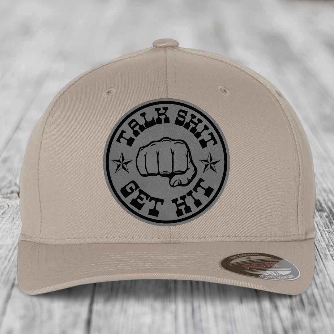 Talk Shit, Get Hit - Leather Patch Hat - Grey to Black Patch - Flexfit 6277 Fitted Hat