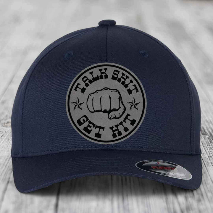 Talk Shit, Get Hit - Leather Patch Hat - Grey to Black Patch - Flexfit 6277 Fitted Hat