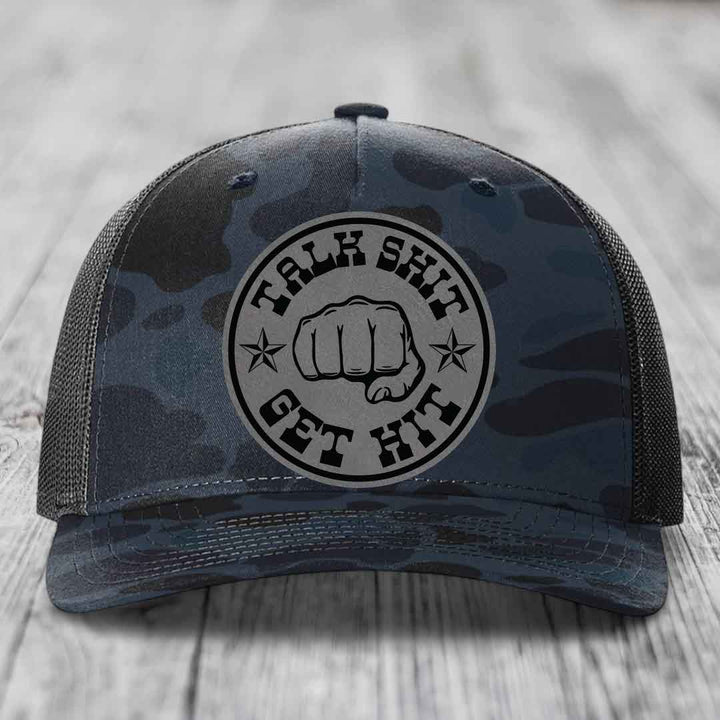 Talk Shit, Get Hit - Leather Patch Hat - Grey to Black Patch - Richardson 112PFP Snapback Trucker Hat