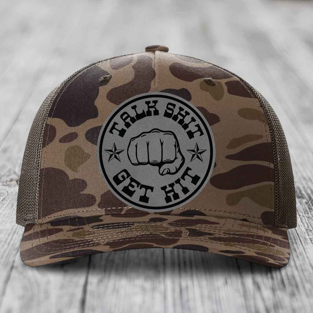 Talk Shit, Get Hit - Leather Patch Hat - Grey to Black Patch - Richardson 112PFP Snapback Trucker Hat