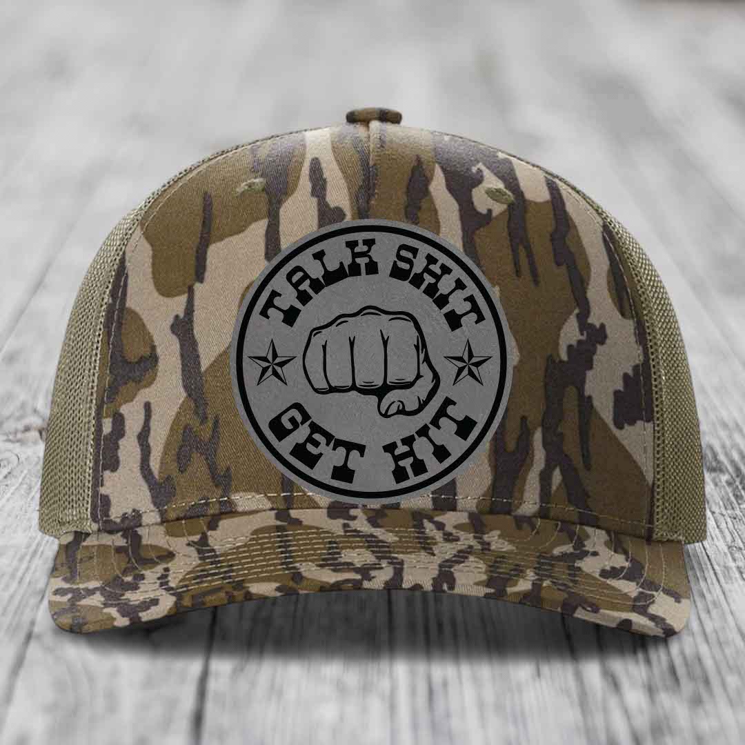 Talk Shit, Get Hit - Leather Patch Hat - Grey to Black Patch - Richardson 112PFP Snapback Trucker Hat