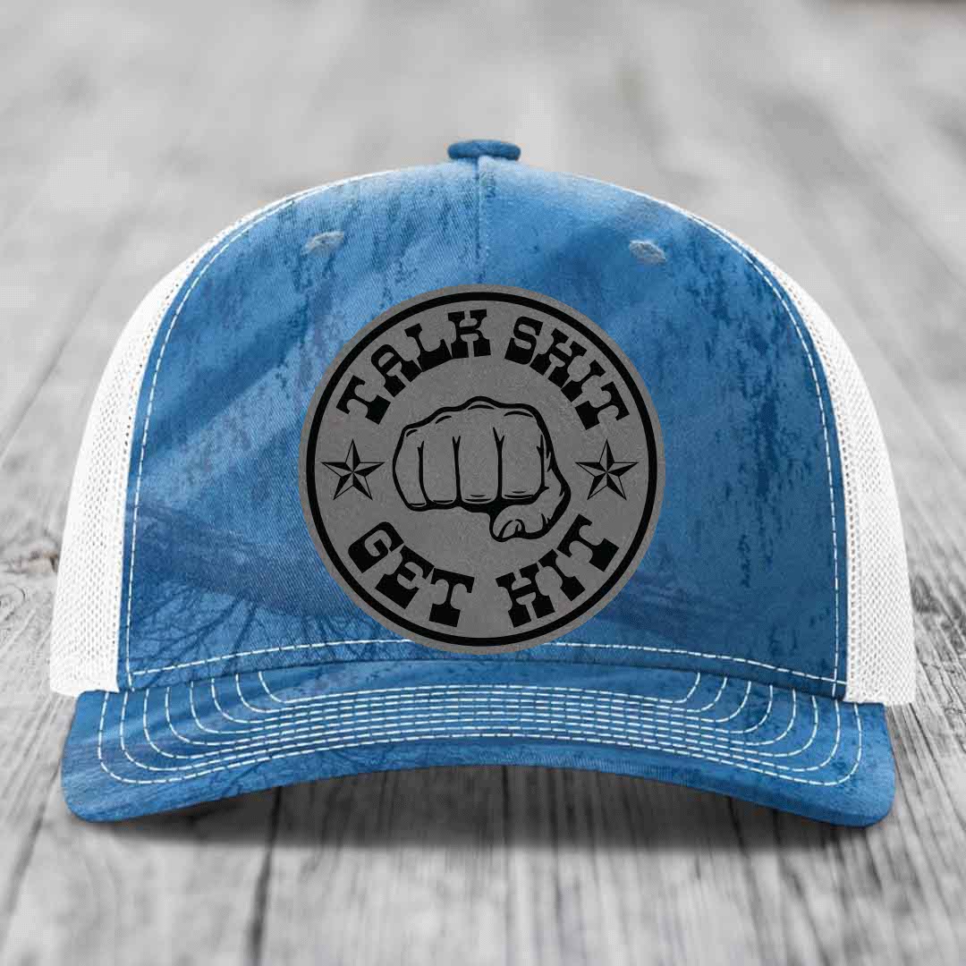 Talk Shit, Get Hit - Leather Patch Hat - Grey to Black Patch - Richardson 112PFP Snapback Trucker Hat