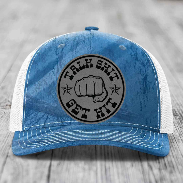 Talk Shit, Get Hit - Leather Patch Hat - Grey to Black Patch - Richardson 112PFP Snapback Trucker Hat