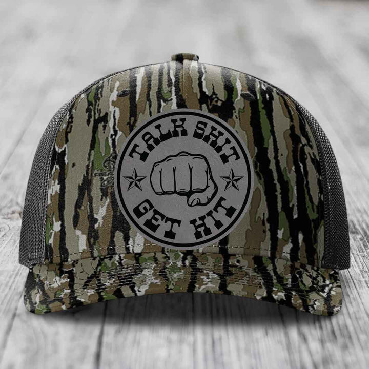 Talk Shit, Get Hit - Leather Patch Hat - Grey to Black Patch - Richardson 112PFP Snapback Trucker Hat