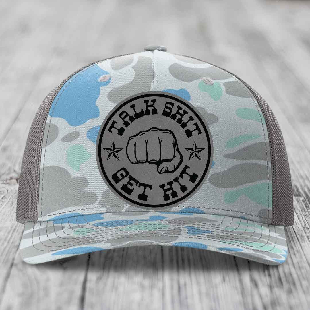 Talk Shit, Get Hit - Leather Patch Hat - Grey to Black Patch - Richardson 112PFP Snapback Trucker Hat