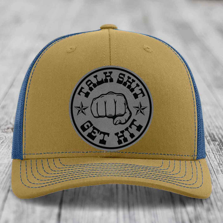 Talk Shit, Get Hit - Leather Patch Hat - Grey to Black Patch - Richardson 112 Snapback Trucker Hat