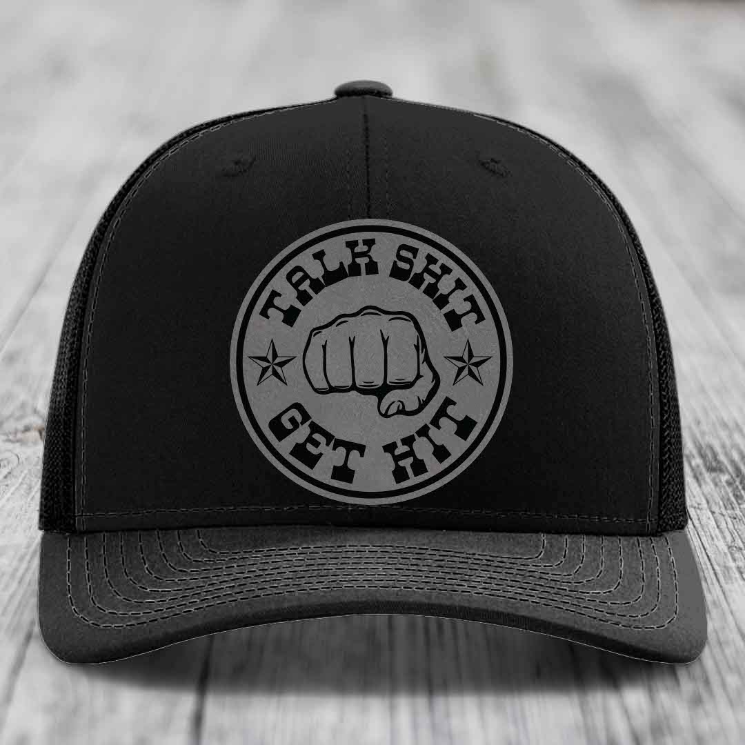 Talk Shit, Get Hit - Leather Patch Hat - Grey to Black Patch - Richardson 112 Snapback Trucker Hat