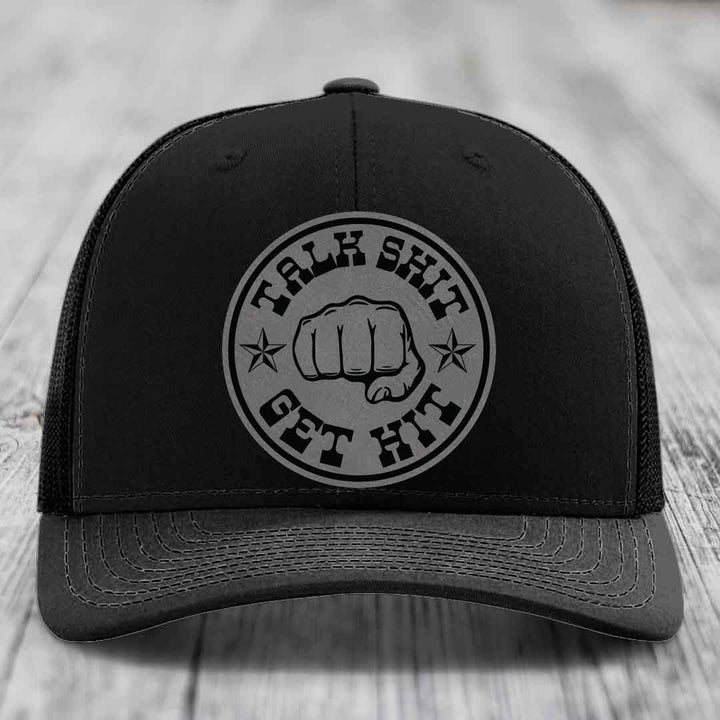Talk Shit, Get Hit - Leather Patch Hat - Grey to Black Patch - Richardson 112 Snapback Trucker Hat