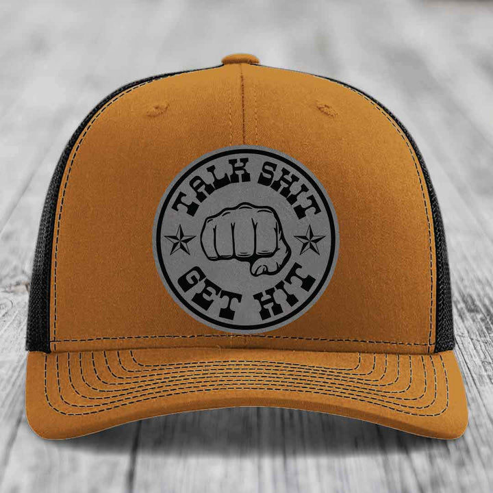 Talk Shit, Get Hit - Leather Patch Hat - Grey to Black Patch - Richardson 112 Snapback Trucker Hat