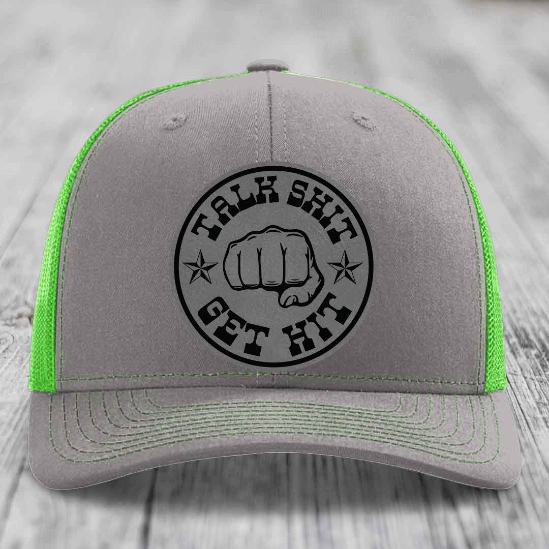Talk Shit, Get Hit - Leather Patch Hat - Grey to Black Patch - Richardson 112 Snapback Trucker Hat