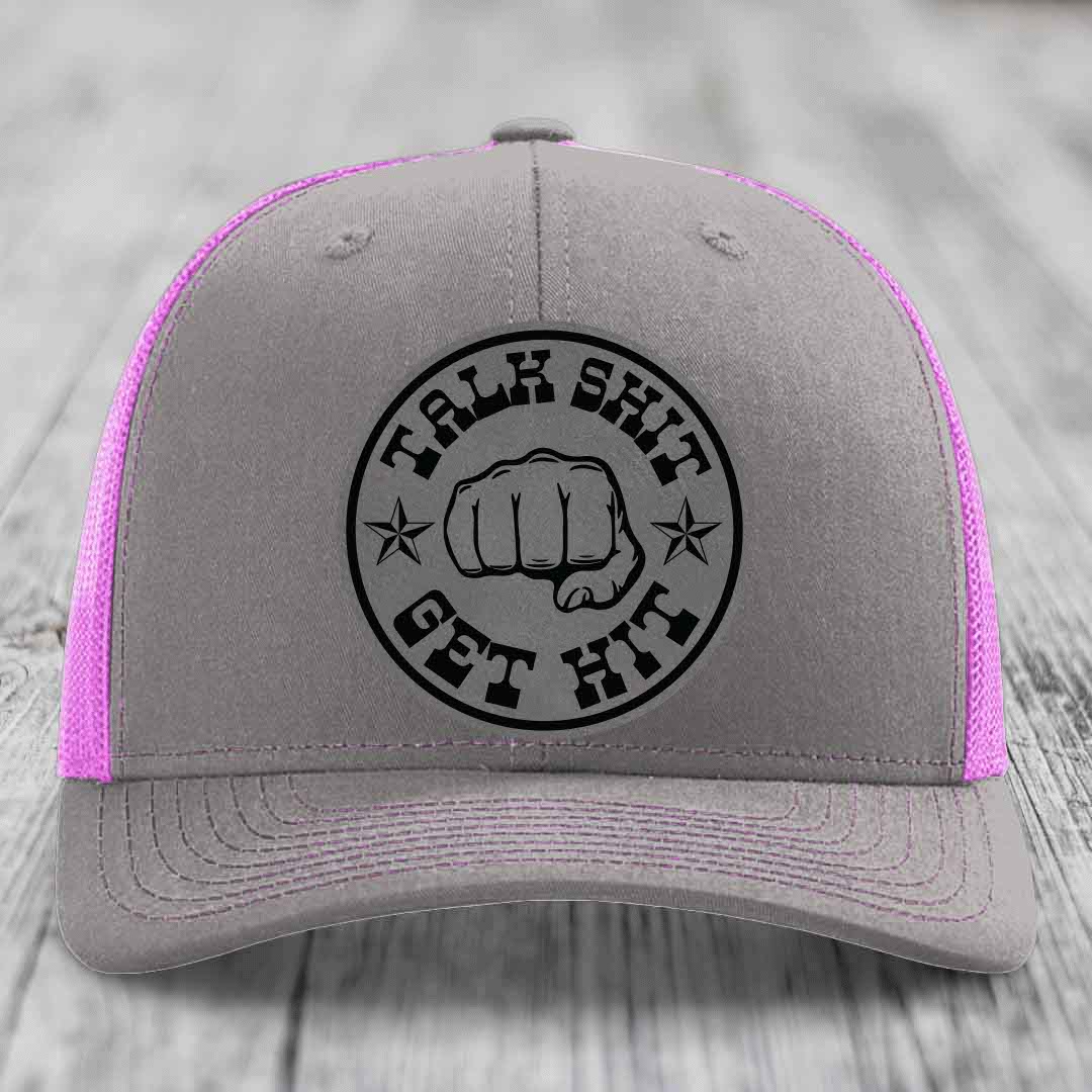 Talk Shit, Get Hit - Leather Patch Hat - Grey to Black Patch - Richardson 112 Snapback Trucker Hat