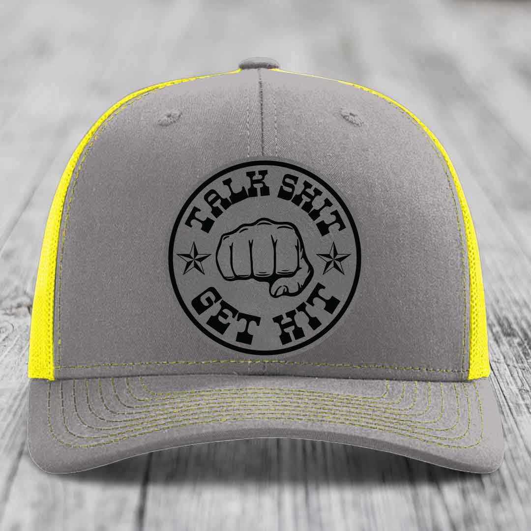 Talk Shit, Get Hit - Leather Patch Hat - Grey to Black Patch - Richardson 112 Snapback Trucker Hat