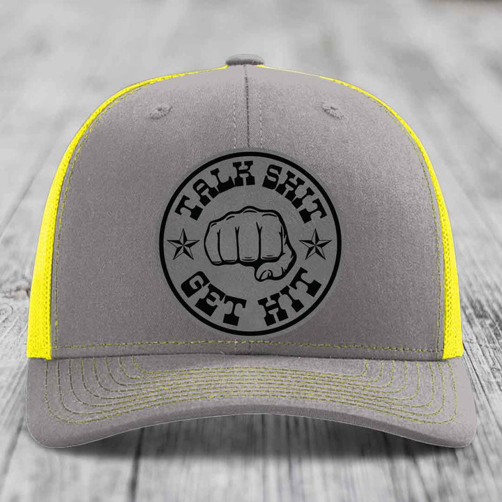 Talk Shit, Get Hit - Leather Patch Hat - Grey to Black Patch - Richardson 112 Snapback Trucker Hat