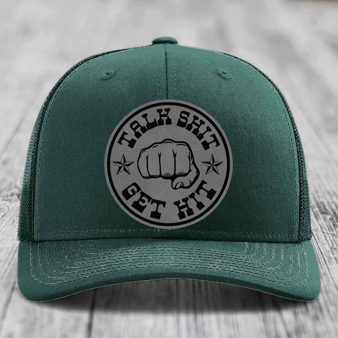 Talk Shit, Get Hit - Leather Patch Hat - Grey to Black Patch - Richardson 112 Snapback Trucker Hat