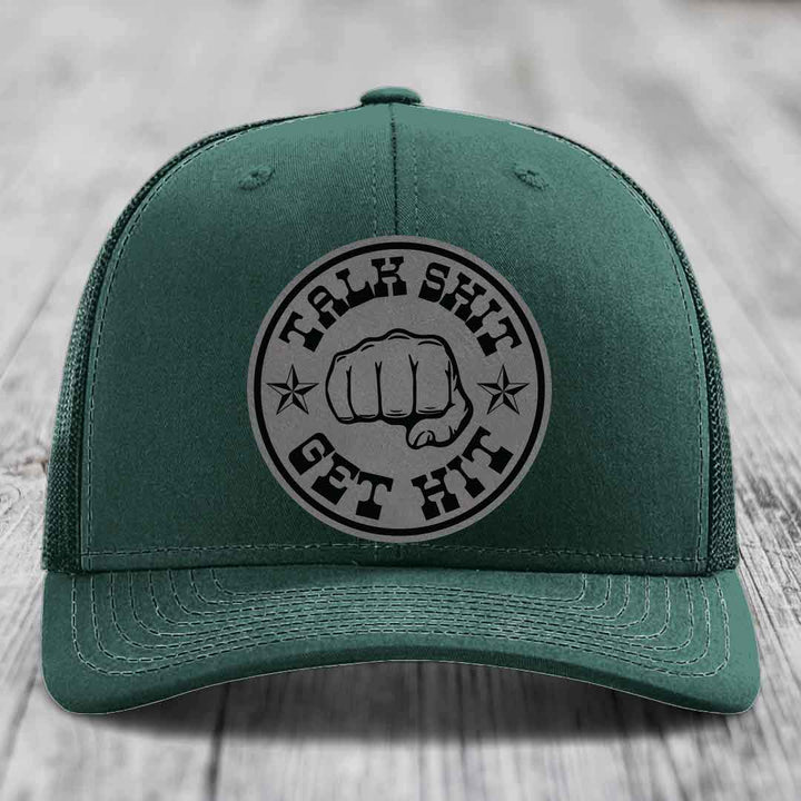 Talk Shit, Get Hit - Leather Patch Hat - Grey to Black Patch - Richardson 112 Snapback Trucker Hat