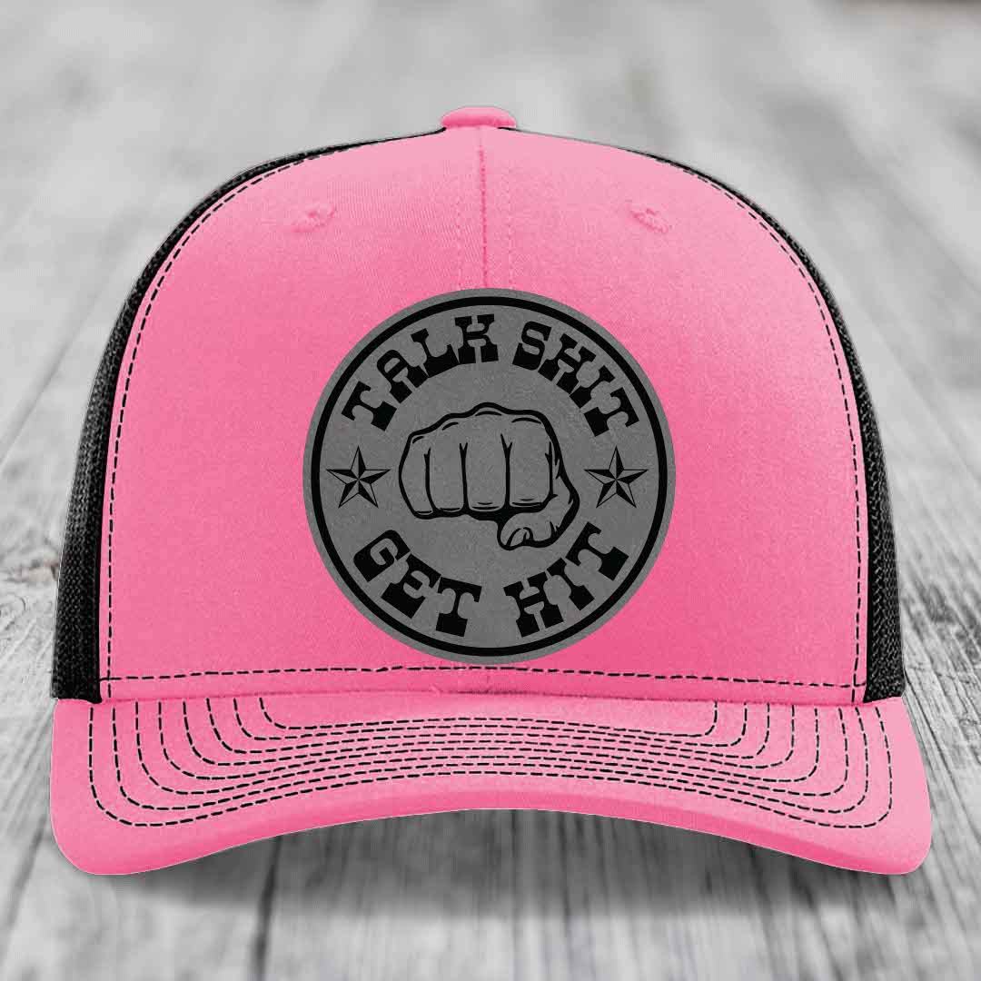 Talk Shit, Get Hit - Leather Patch Hat - Grey to Black Patch - Richardson 112 Snapback Trucker Hat
