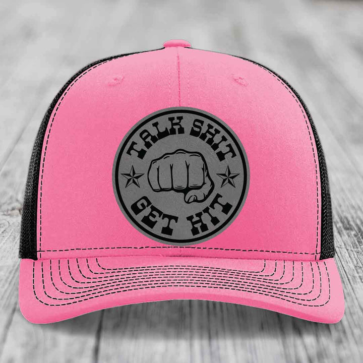 Talk Shit, Get Hit - Leather Patch Hat - Grey to Black Patch - Richardson 112 Snapback Trucker Hat