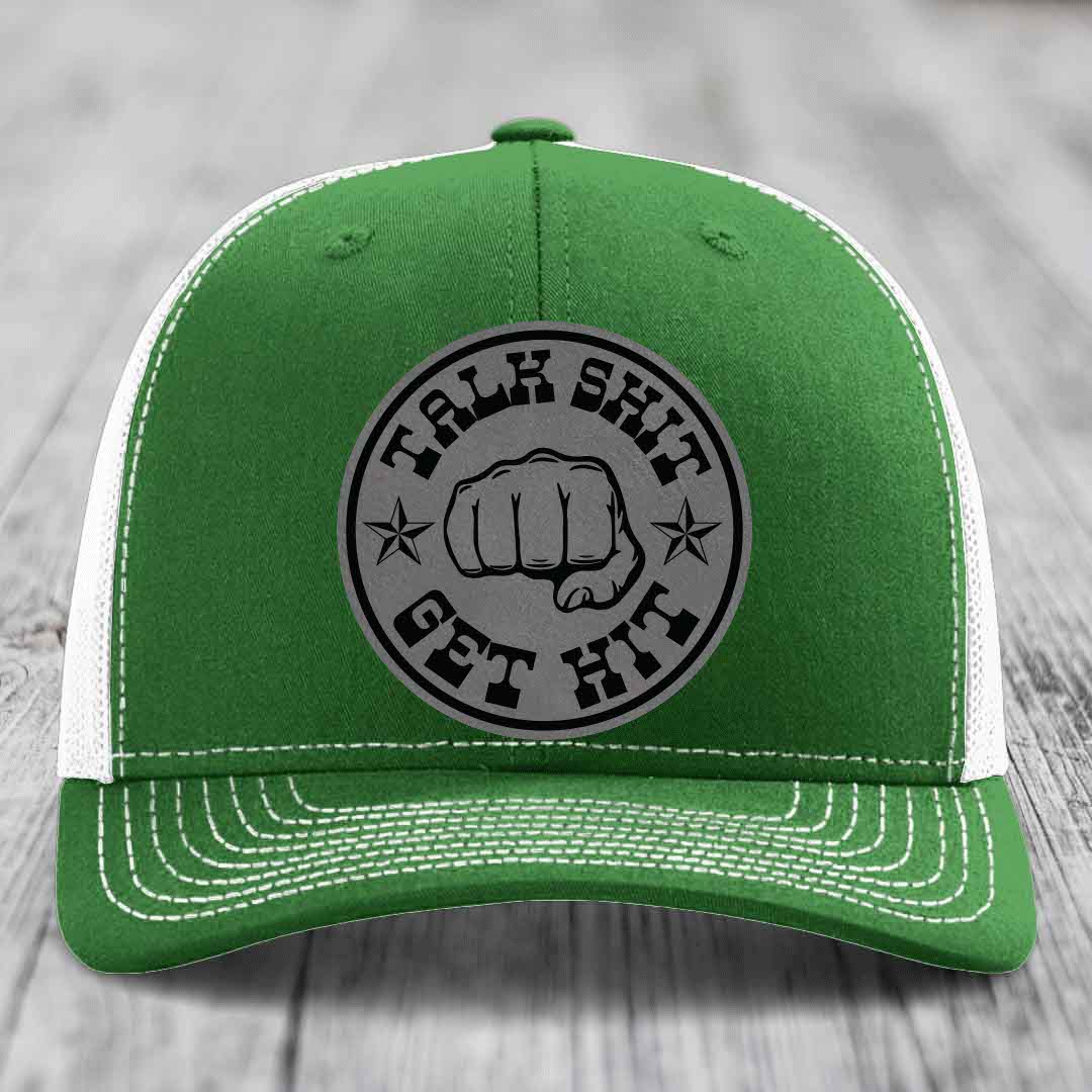 Talk Shit, Get Hit - Leather Patch Hat - Grey to Black Patch - Richardson 112 Snapback Trucker Hat