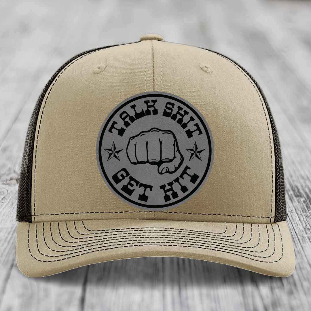 Talk Shit, Get Hit - Leather Patch Hat - Grey to Black Patch - Richardson 112 Snapback Trucker Hat