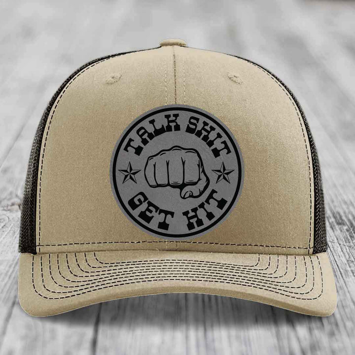Talk Shit, Get Hit - Leather Patch Hat - Grey to Black Patch - Richardson 112 Snapback Trucker Hat