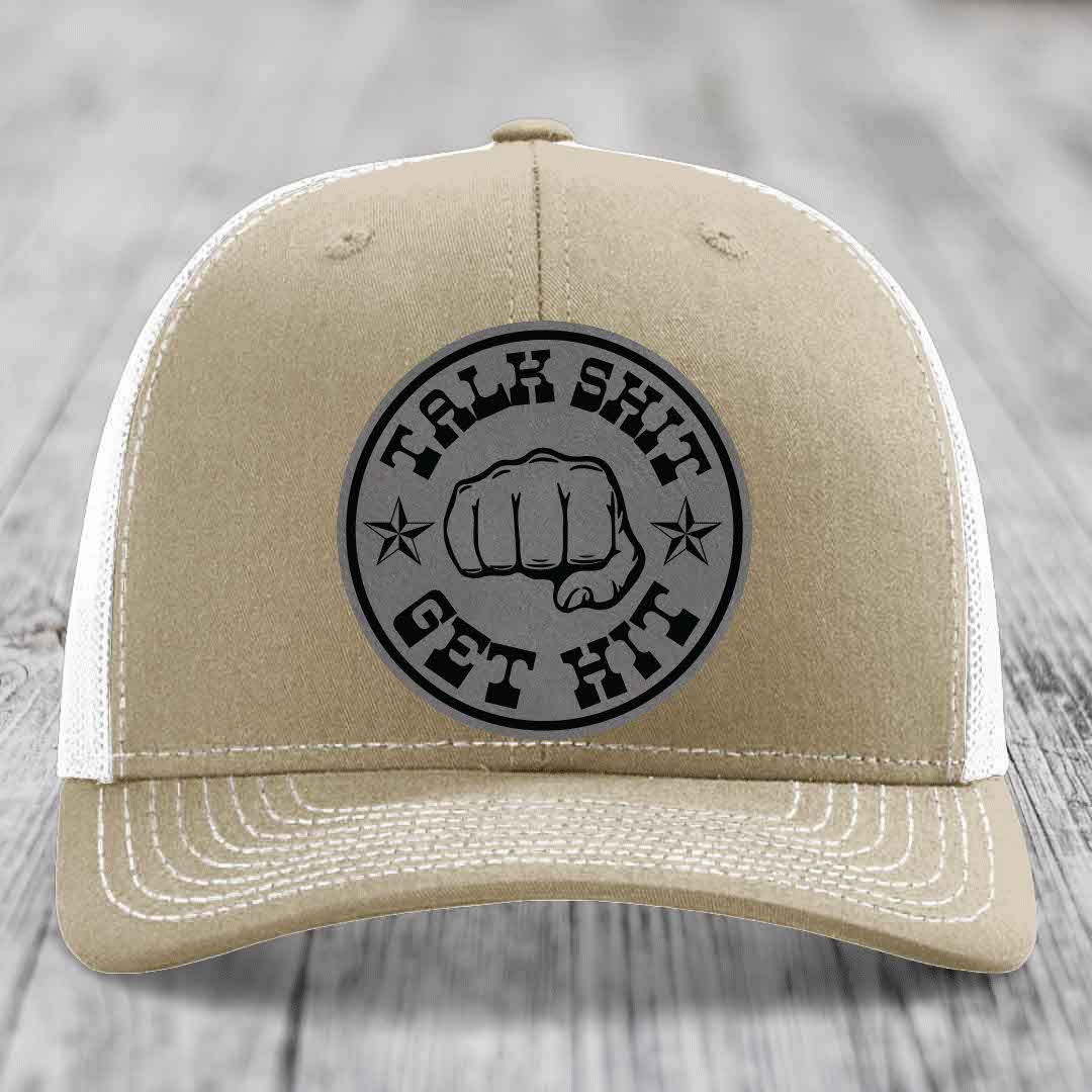 Talk Shit, Get Hit - Leather Patch Hat - Grey to Black Patch - Richardson 112 Snapback Trucker Hat
