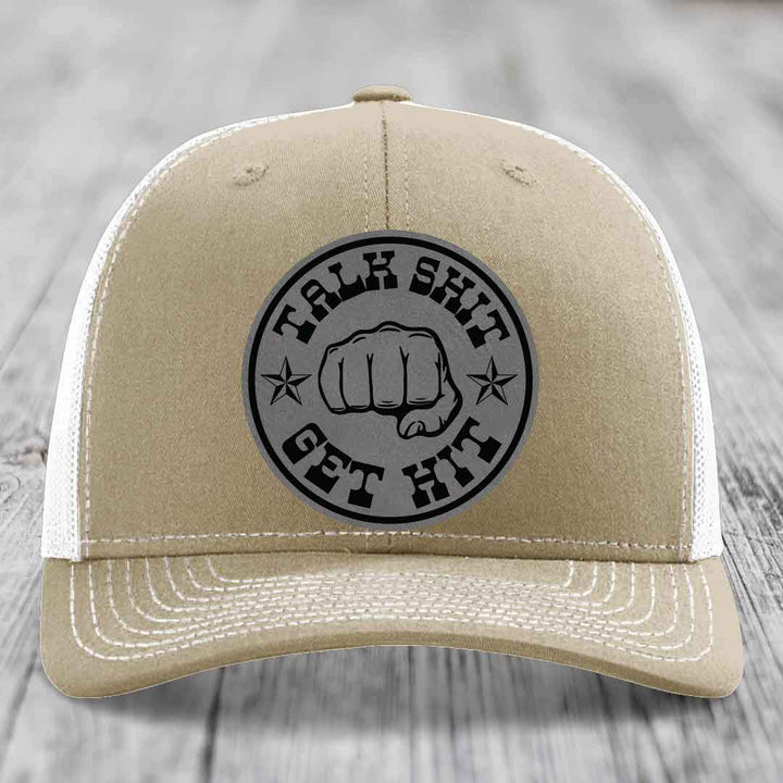 Talk Shit, Get Hit - Leather Patch Hat - Grey to Black Patch - Richardson 112 Snapback Trucker Hat