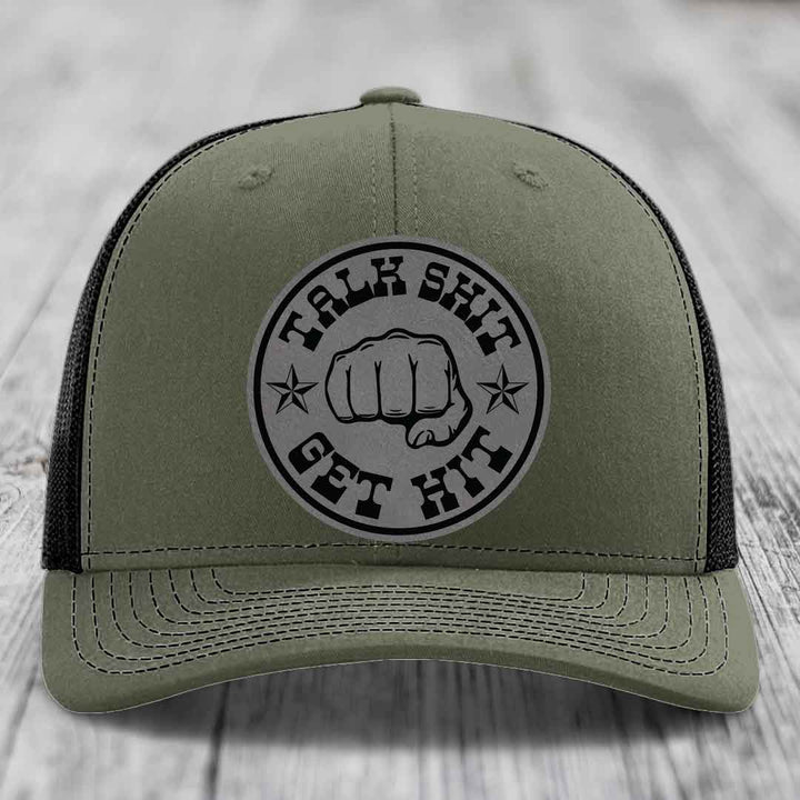 Talk Shit, Get Hit - Leather Patch Hat - Grey to Black Patch - Richardson 112 Snapback Trucker Hat