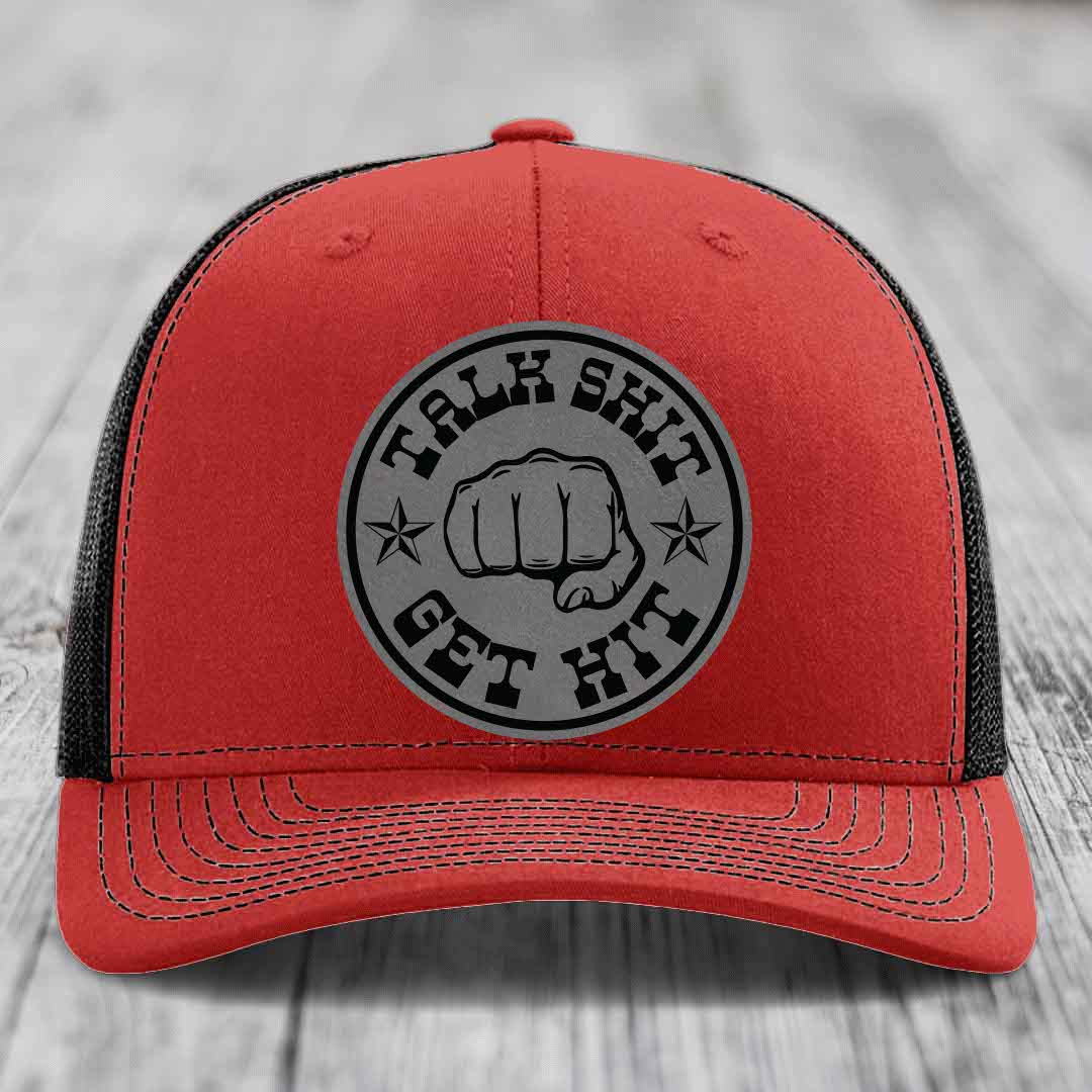 Talk Shit, Get Hit - Leather Patch Hat - Grey to Black Patch - Richardson 112 Snapback Trucker Hat