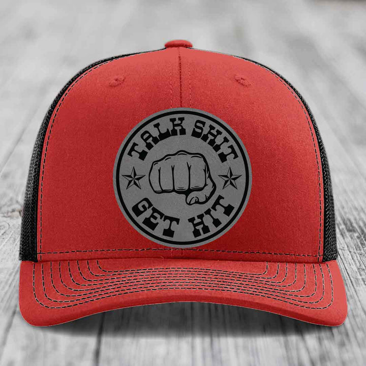Talk Shit, Get Hit - Leather Patch Hat - Grey to Black Patch - Richardson 112 Snapback Trucker Hat