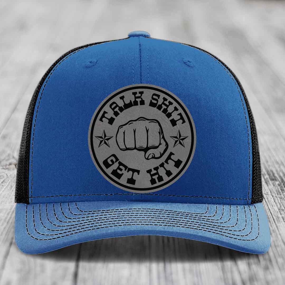 Talk Shit, Get Hit - Leather Patch Hat - Grey to Black Patch - Richardson 112 Snapback Trucker Hat