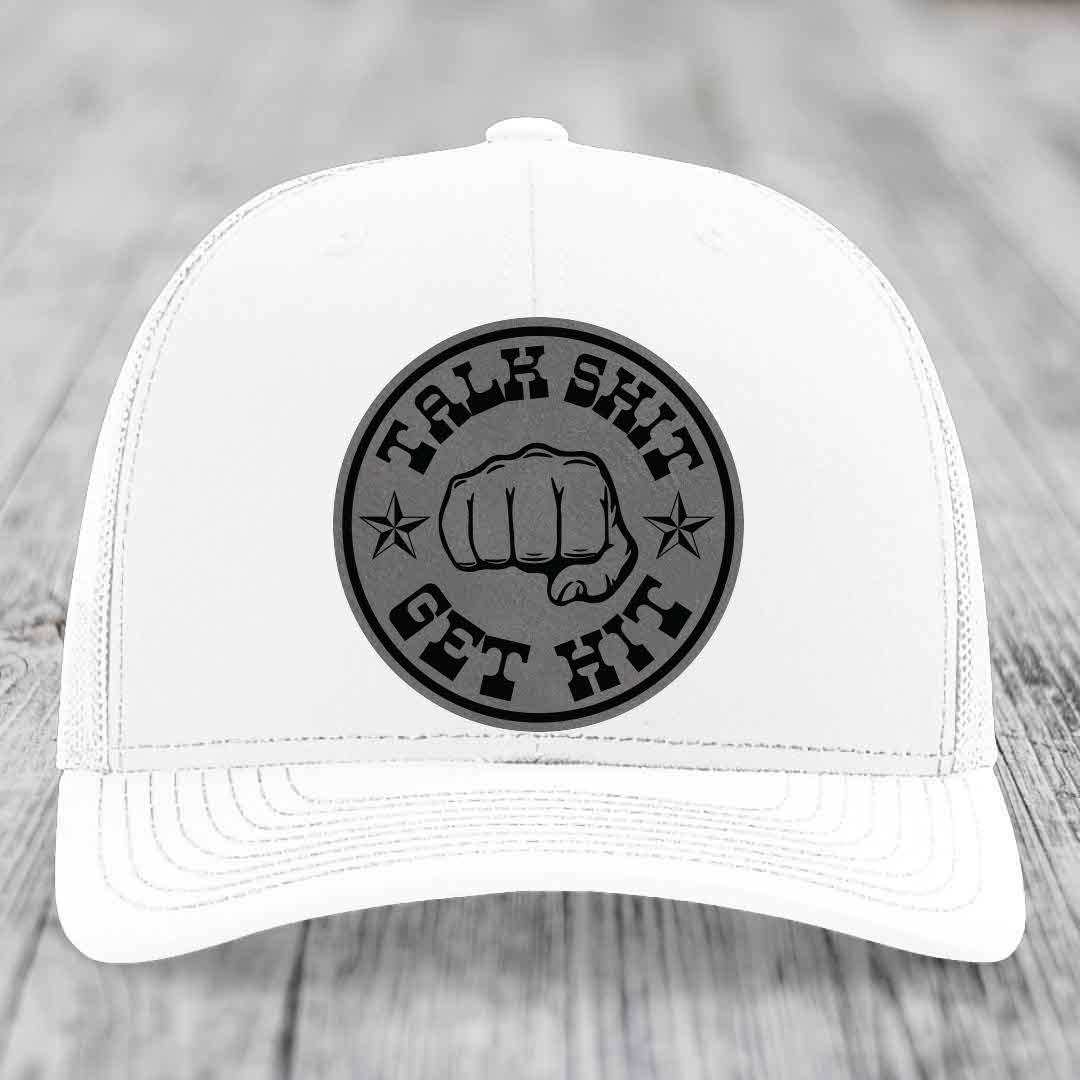 Talk Shit, Get Hit - Leather Patch Hat - Grey to Black Patch - Richardson 112 Snapback Trucker Hat