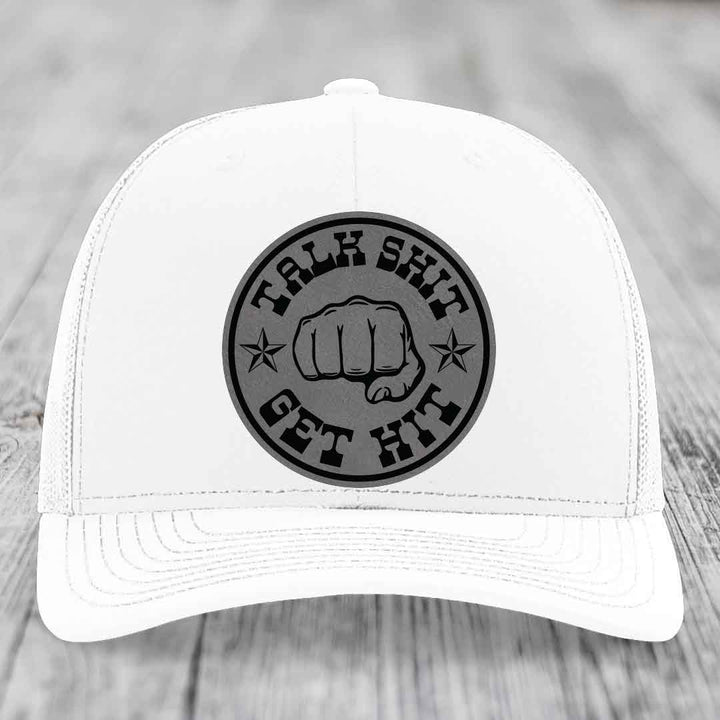 Talk Shit, Get Hit - Leather Patch Hat - Grey to Black Patch - Richardson 112 Snapback Trucker Hat