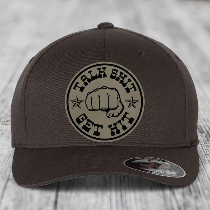 Talk Shit, Get Hit - Leather Patch Hat - Light Brown to Black Patch - Flexfit 6277 Fitted Hat