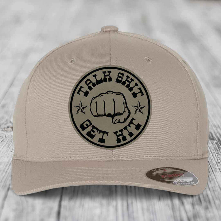 Talk Shit, Get Hit - Leather Patch Hat - Light Brown to Black Patch - Flexfit 6277 Fitted Hat