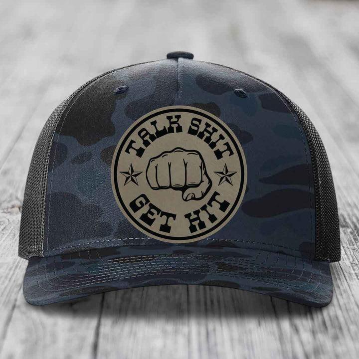 Talk Shit, Get Hit - Leather Patch Hat - Light Brown to Black Patch - Richardson 112PFP Snapback Trucker Hat