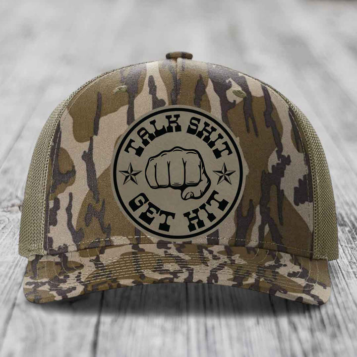 Talk Shit, Get Hit - Leather Patch Hat - Light Brown to Black Patch - Richardson 112PFP Snapback Trucker Hat