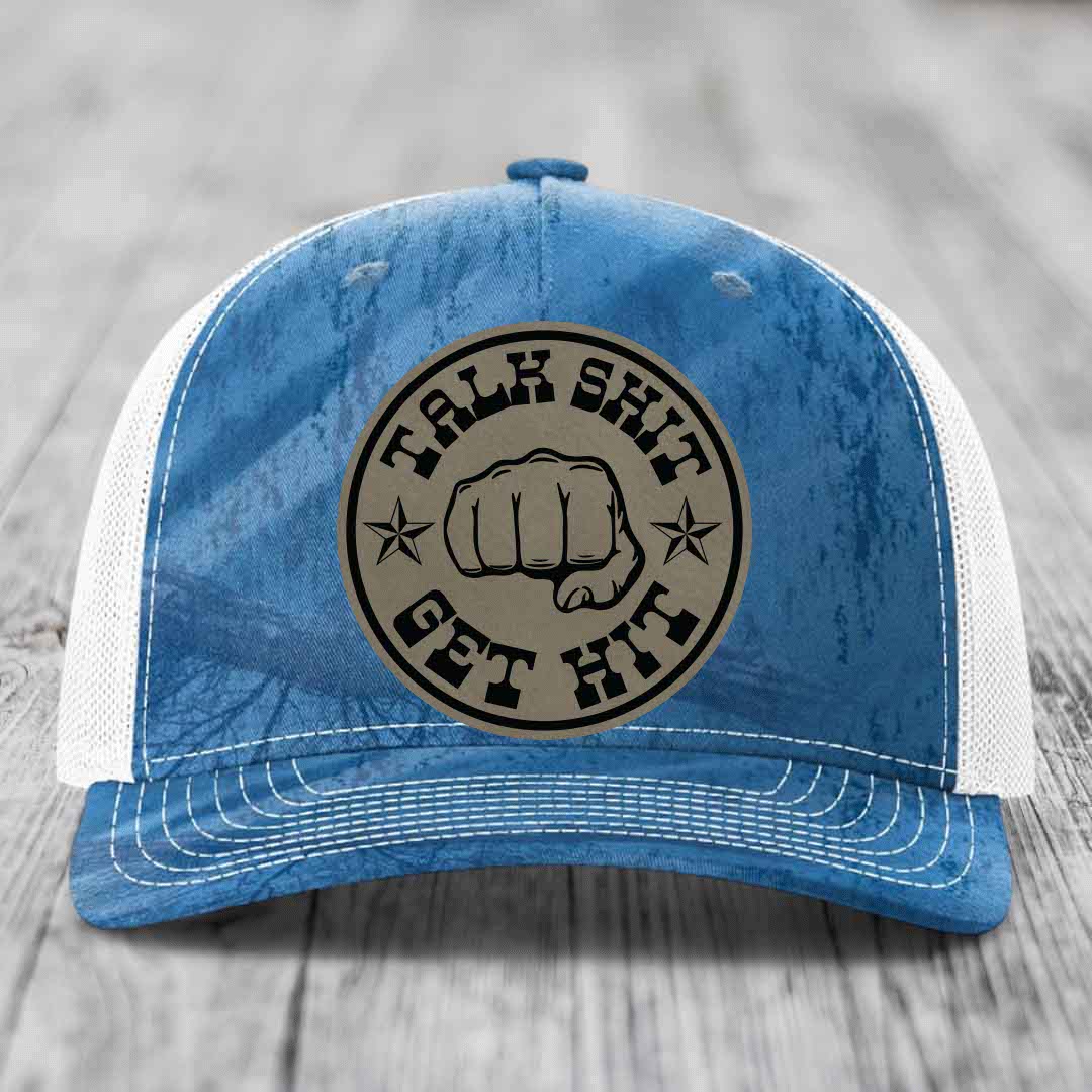 Talk Shit, Get Hit - Leather Patch Hat - Light Brown to Black Patch - Richardson 112PFP Snapback Trucker Hat