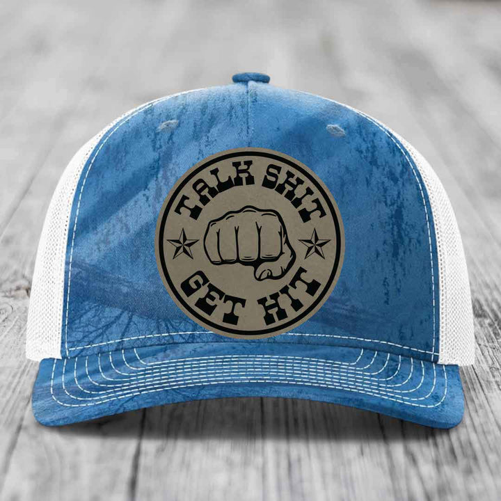 Talk Shit, Get Hit - Leather Patch Hat - Light Brown to Black Patch - Richardson 112PFP Snapback Trucker Hat