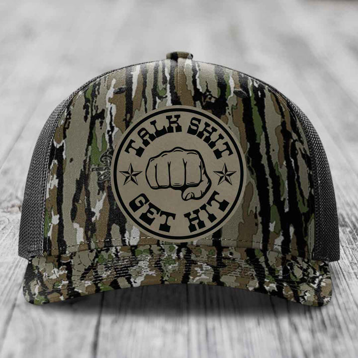 Talk Shit, Get Hit - Leather Patch Hat - Light Brown to Black Patch - Richardson 112PFP Snapback Trucker Hat