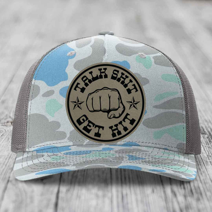 Talk Shit, Get Hit - Leather Patch Hat - Light Brown to Black Patch - Richardson 112PFP Snapback Trucker Hat