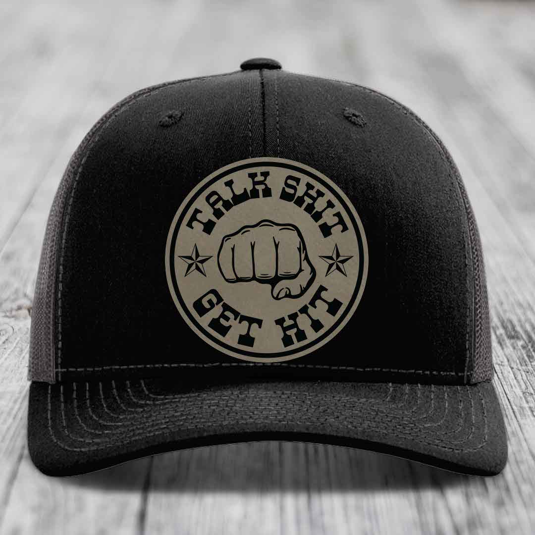 Talk Shit, Get Hit - Leather Patch Hat - Light Brown to Black Patch - Richardson 112 Snapback Trucker Hat