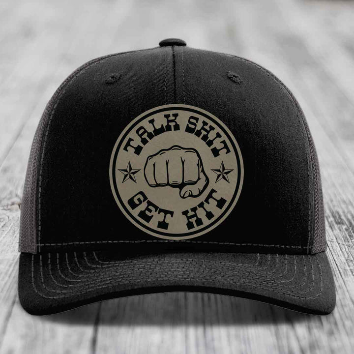 Talk Shit, Get Hit - Leather Patch Hat - Light Brown to Black Patch - Richardson 112 Snapback Trucker Hat