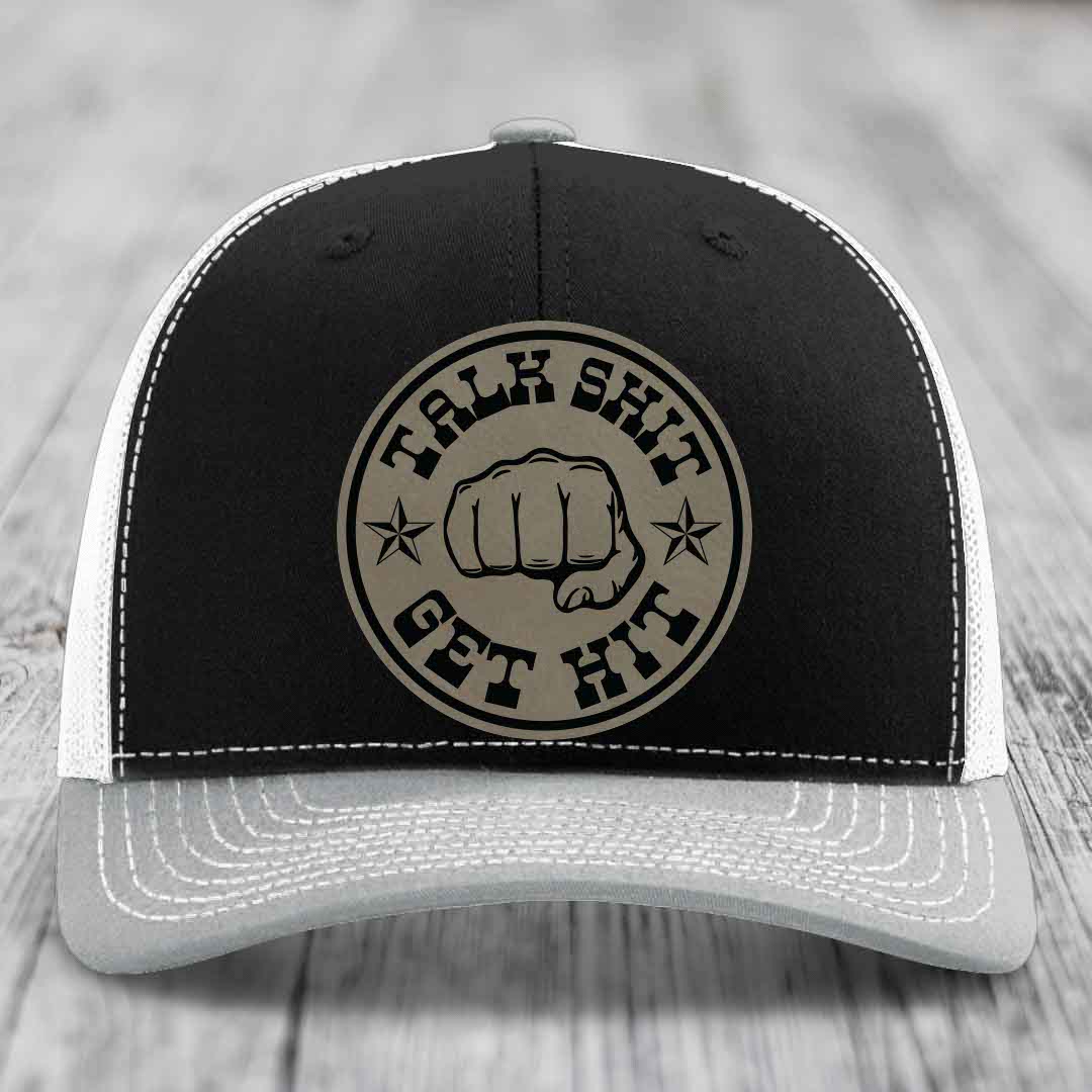 Talk Shit, Get Hit - Leather Patch Hat - Light Brown to Black Patch - Richardson 112 Snapback Trucker Hat