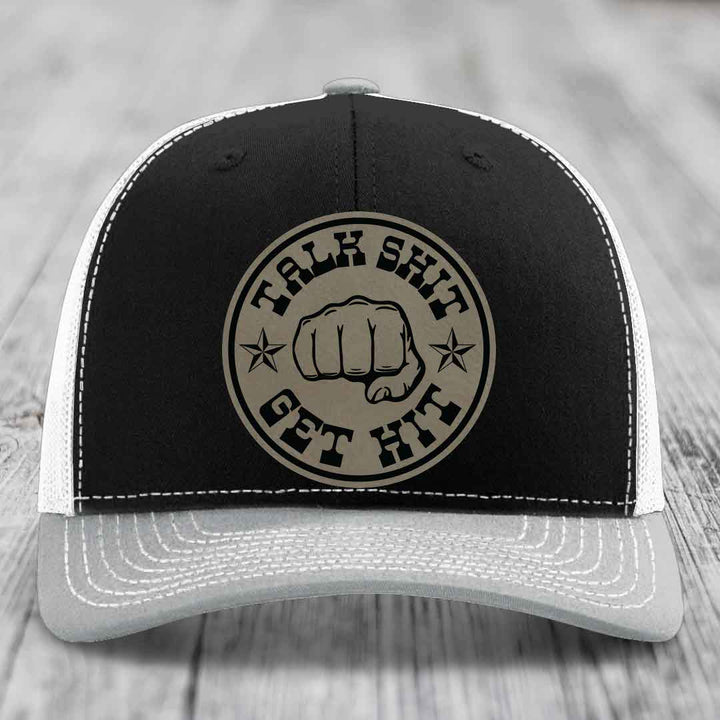 Talk Shit, Get Hit - Leather Patch Hat - Light Brown to Black Patch - Richardson 112 Snapback Trucker Hat