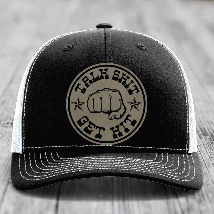 Talk Shit, Get Hit - Leather Patch Hat - Light Brown to Black Patch - Richardson 112 Snapback Trucker Hat