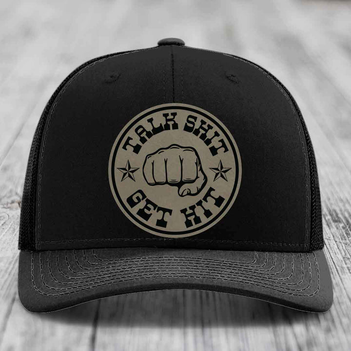 Talk Shit, Get Hit - Leather Patch Hat - Light Brown to Black Patch - Richardson 112 Snapback Trucker Hat