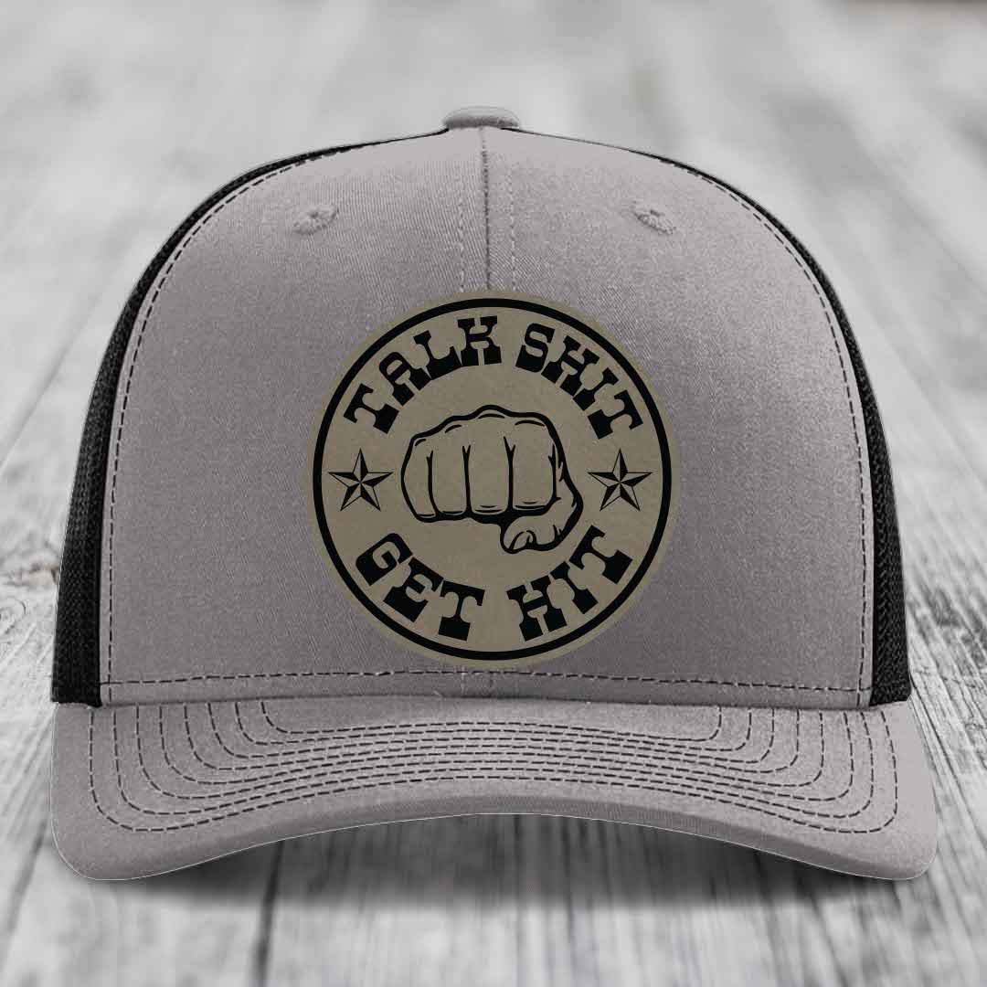 Talk Shit, Get Hit - Leather Patch Hat - Light Brown to Black Patch - Richardson 112 Snapback Trucker Hat