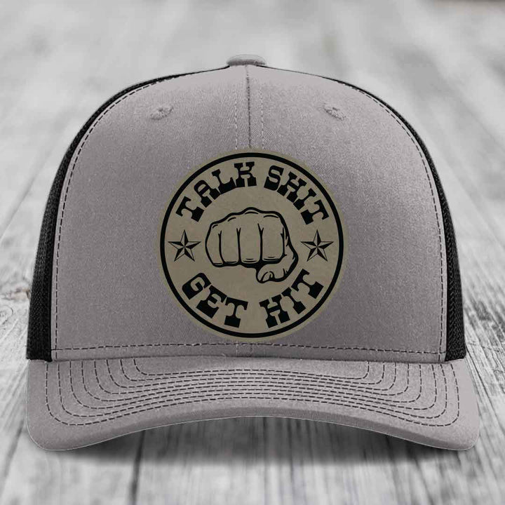 Talk Shit, Get Hit - Leather Patch Hat - Light Brown to Black Patch - Richardson 112 Snapback Trucker Hat